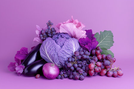 An artistic set of purple vegetables and fruits, including cabbage, eggplants, grapes, and onions, set against a vivid purple background. Perfect for concepts like color, health, organic foodの素材