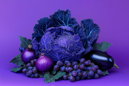 An artistic set of purple vegetables and fruits, including cabbage, eggplants, grapes, and onions, set against a vivid purple background. Perfect for concepts like color, health, organic foodの素材