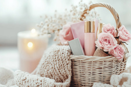 Elegant gift basket with cosmetics, roses, and soft textures for a cozy touch. Skincare or beauty products set against a blurred, elegant background. Relaxation, gift giving, and self careの素材