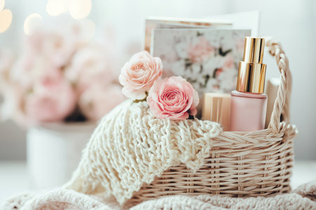 Elegant gift basket with cosmetics, roses, and soft textures for a cozy touch. Skincare or beauty products set against a blurred, elegant background. Relaxation, gift giving, and self careの素材