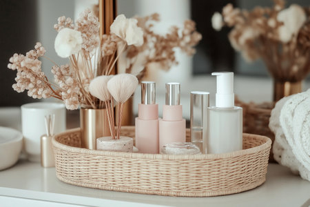 Elegant Gift Basket with Cosmetics and Floral Decorations in a Stylish Setting. Cozy and elegant aesthetic, perfect for promoting beauty and self-care conceptsの素材
