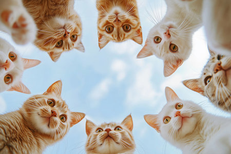 Group of Curious Cats Forming a Circle and Looking Down at the Viewer. Fun Cat Meme, Wake Up!の素材