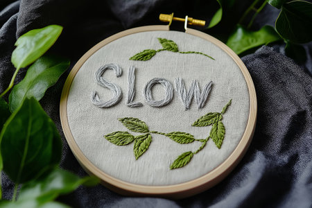 A wooden hoop adorned with embroidery. It features the word "Slow" crafted in gray thread with surrounding green leaf stems, evoking a sense of mindfulness and calm. Slow living, hand made conceptの素材