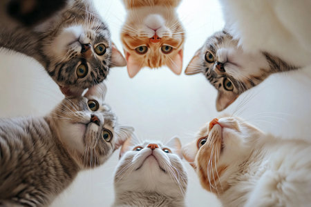 Group of Curious Cats Forming a Circle and Looking Down at the Viewer. Fun Cat Meme, Wake Up!の素材
