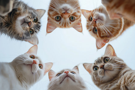 Group of Curious Cats Forming a Circle and Looking Down at the Viewer. Fun Cat Meme, Wake Up!の素材