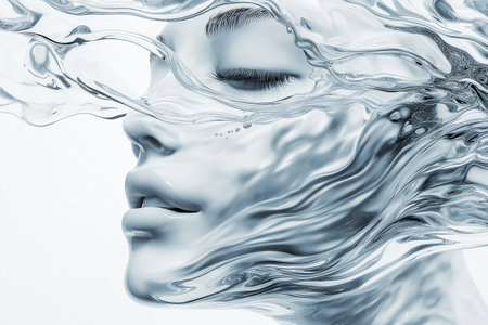 Female face integrated seamlessly with flowing liquid. The image conveys a sense of ethereal beauty, calmness, and the harmonious nature. Hydration and nutrition, moisturizing cosmetics, facial cream.の素材