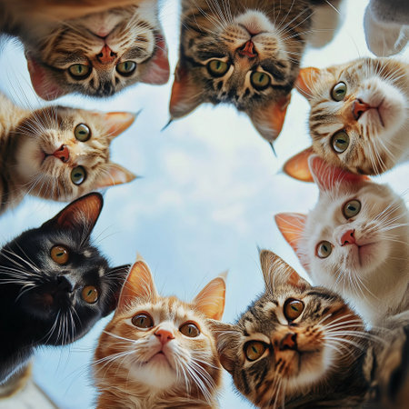 Group of Curious Cats Forming a Circle and Looking Down at the Viewer. Fun Cat Meme, Wake Up!の素材
