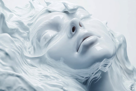 Female face integrated seamlessly with flowing liquid. The image conveys a sense of ethereal beauty, calmness, and the harmonious nature. Hydration and nutrition, moisturizing cosmetics, facial cream.の素材