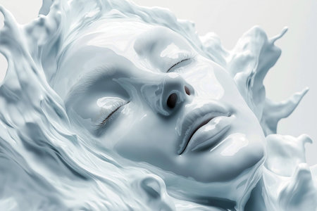 Female face integrated seamlessly with flowing liquid. The image conveys a sense of ethereal beauty, calmness, and the harmonious nature. Hydration and nutrition, moisturizing cosmetics, facial cream.の素材