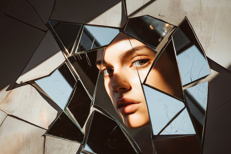 An artistic portrait where a face is reflected in fragmented mirror pieces. Woman looking in a broken mirror. I hate my appearance. Introspection, identity, human emotions and perceptionsの素材