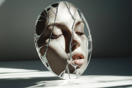 An artistic portrait where a face is reflected in fragmented mirror pieces. Woman looking in a broken mirror. I hate my appearance. Introspection, identity, human emotions and perceptionsの素材