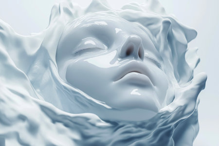 Female face integrated seamlessly with flowing liquid. The image conveys a sense of ethereal beauty, calmness, and the harmonious nature. Hydration and nutrition, moisturizing cosmetics, facial cream.の素材