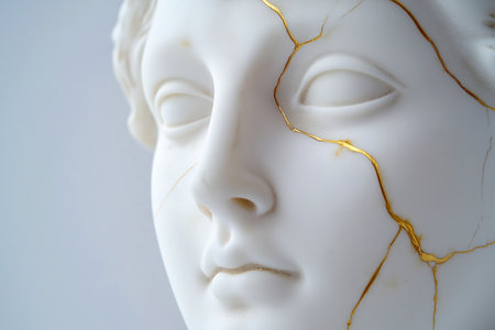 Close-up of a white sculpture head marked with golden cracks signifying aesthetic repair. Gold-decorated cracks symbolizing resilience and beauty. Kintsugi, Japanese art, beauty and selfcare concept.の素材