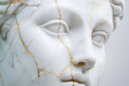 Close-up of a white sculpture head marked with golden cracks signifying aesthetic repair. Gold-decorated cracks symbolizing resilience and beauty. Kintsugi, Japanese art, beauty and selfcare concept.の素材