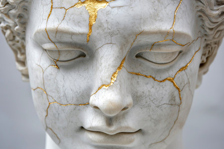 Close-up of a white sculpture head marked with golden cracks signifying aesthetic repair. Gold-decorated cracks symbolizing resilience and beauty. Kintsugi, Japanese art, beauty and selfcare concept.の素材