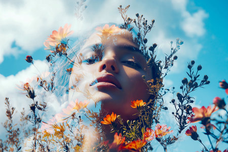 Double exposure. Vivid portrait combining flowers and woman face using creative imagery techniques. Dreamlike composite artwork blending portraiture and lush floral overlays. Spring, dreaming conceptの素材
