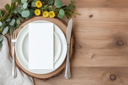 Elegant wedding table setting with menu card and floral decoration on wooden surface. Top view of a formal dining setup with flowers and a blank menu card. Empty card, mockup.の素材