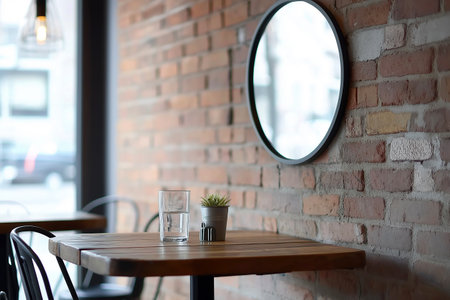 Minimalist restaurant dining area with round mirror and houseplants in natural light. Modern dining table with sunlight, a round mirror, and minimalistic houseplants. Modern cafe interior.の素材