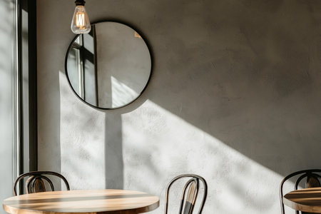 Minimalist restaurant dining area with round mirror and houseplants in natural light. Modern dining table with sunlight, a round mirror, and minimalistic houseplants. Modern cafe interior.の素材