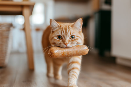 Funny orange cat carrying a sausage in its mouth indoors, stealing food from a table. Hungry cat holding a sausage walks with a curious expression. Funny cats, lovely pet.の素材
