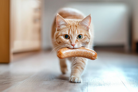 Funny orange cat carrying a sausage in its mouth indoors, stealing food from a table. Hungry cat holding a sausage walks with a curious expression. Funny cats, lovely pet.の素材