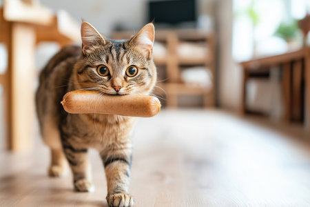 Funny cat carrying a sausage in its mouth indoors, stealing food from a table. Hungry cat holding a sausage walks with a curious expression. Funny cats, lovely pet.の素材