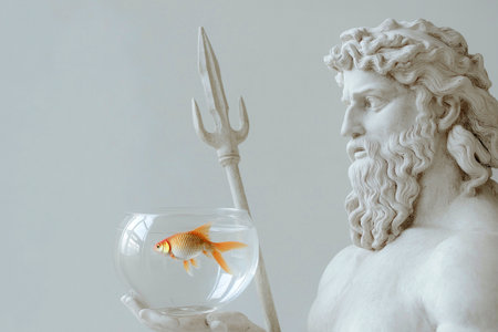 An ancient Greek statue of Poseidon or Neptune holding a bowl with a live goldfish, classic and modern art. Existential crisis, species extinction, ecology, species conservation. Biodiversity loss.の素材