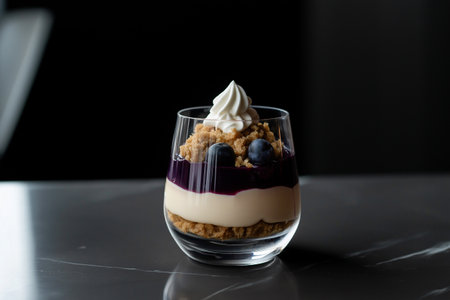 Elegant layered dessert with whipped cream, crumbs and fresh blueberries and cherries in a glass. Healthy breakfast or lunch, dieting, weight loss theme.の素材