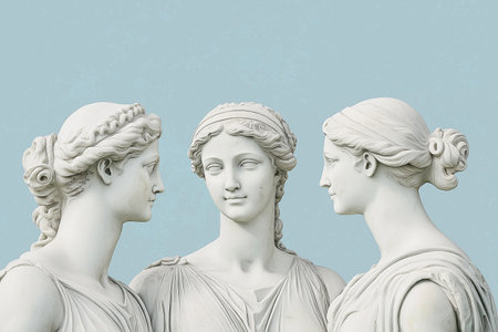 Three classical greek sculptures of women against a soft blue background. Friendship, feminism, girls power, lgbt conceptの素材
