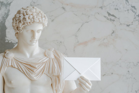 Ancient style statue holding a modern envelope in a minimalistic setting. Mailing, post service, delivery conceptの素材