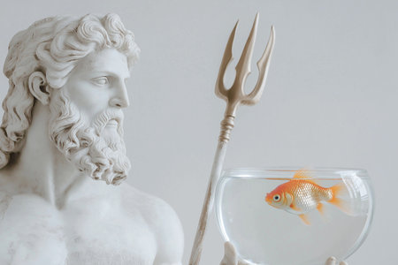 An ancient Greek statue of Poseidon or Neptune holding a bowl with a live goldfish, classic and modern art. Existential crisis, species extinction, ecology, species conservation. Biodiversity loss.の素材