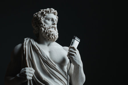 A classical marble sculpture of a bearded man holding an electric razor, ancient art and modern technology. Barbershop, haircut, hairstylist, beard haircutの素材
