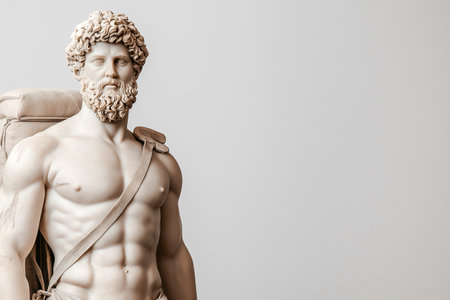 Classical Greek statue with modern hiking backpack. Travel, vacation, hiking, sport, exploration, wanderlust. Tourist with bag, travel more concept. Greece tourism, visit Greeceの素材
