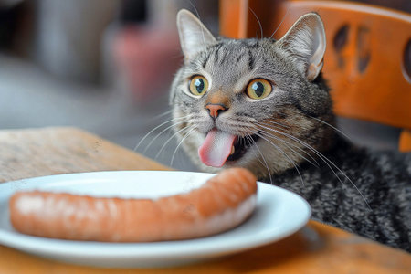 A tabby cat on a table stealing food, ready to bite a sausage. The playful and curious nature of cats in a domestic setting is beautifully captured in this momentの素材