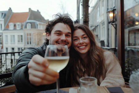 A cheerful couple shares a joyful moment at a restaurant, making selfie, enjoying each other's company. Romantic date scene, a perfect depiction of togetherness. First date photo.の素材