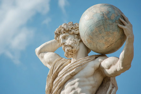 Statue of Atlas holding the globe against a cloudy sky background as a symbol of strength and power. Carrying the weight of the heavens on his shoulders. Titan, Greek god statue.の素材