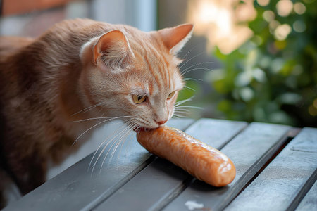 A tabby cat on a table stealing food, bites a sausage. The playful and curious nature of cats in a domestic setting is beautifully captured in this momentの素材