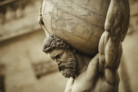 Statue of Atlas holding the globe as a symbol of strength and power. Carrying the weight of the heavens on his shoulders. Titan, Greek god statue.の素材