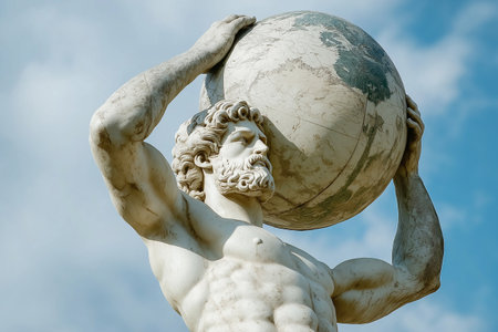 Statue of Atlas holding the globe against a cloudy sky background as a symbol of strength and power. Carrying the weight of the heavens on his shoulders. Titan, Greek god statue.の素材