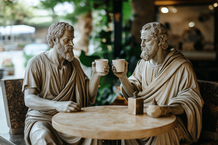 Two white marble statues of Greek philosophers sitting at a cafの素材