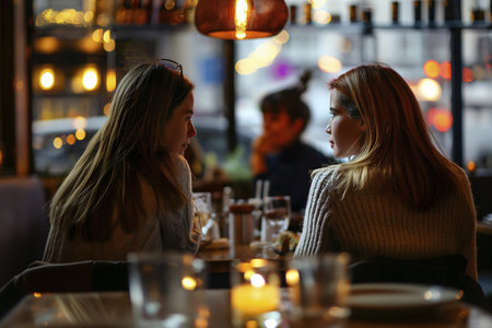 Two friends talking at a restaurant table with a cozy atmosphere. Friendship, women, best friends, gossips, date, evening in restaurantの素材