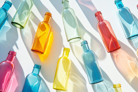 Colorful glass bottles arranged with light reflections creating a playful atmosphere. Vibrant and artistic reflections, emphasizing transparency and simplicity.の素材