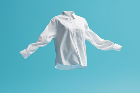 A levitating white shirt displayed in fashion context with a simple blue backdrop. Perfect for themes of textiles, clothing, or modern design. White shirt floating against a blue background.の素材