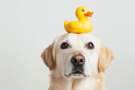 Joyful dog posing with a yellow rubber duck toy on its head, showcasing humor and playfulness. Set against a neutral background, the image highlights whimsy and endearing pet behavior.の素材