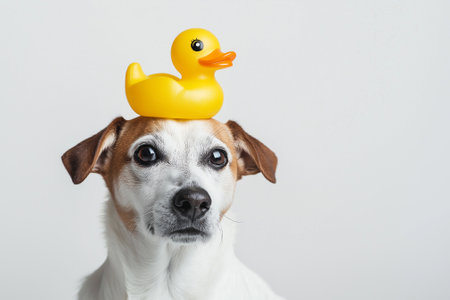 Joyful dog posing with a yellow rubber duck toy on its head, showcasing humor and playfulness. Set against a neutral background, the image highlights whimsy and endearing pet behavior.の素材