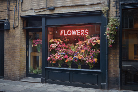 Flower shop exterior with a bright neon sign and colorful bouquets on display. Chic flower shop with a neon sign displaying a variety of vibrant bouquetsの素材