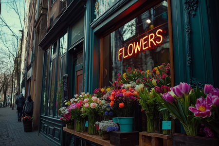 Flower shop exterior with a bright neon sign and colorful bouquets on display. Chic flower shop with a neon sign displaying a variety of vibrant bouquetsの素材