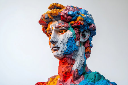 Statue of David, Michelangelo's David statue made from kids constructor parts. Vivid 3D sculpture made of multicolor bricks showcasing artistic detail and innovation. Modern art.の素材