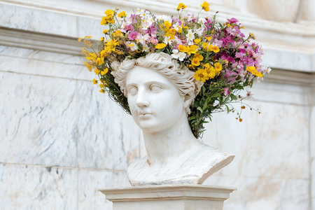 A detailed marble statue head embellished with an arrangement of colorful fresh flowers, set against a soft-focus background, creating a serene and artistic compositionの素材