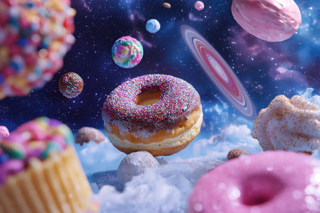 Surreal space-inspired scene with floating doughnuts and confectionery planets. Sweet pastry space, bakery advertisement, donut art poster.の素材